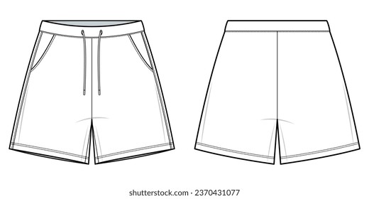 einfaches Kurzblatt für technische Zeichnungen. Flaches Kleid, kurze Mode flache Illustration. Vorder- und Rückseite, weiße Farbe, Unisex, CAD-Mockset.