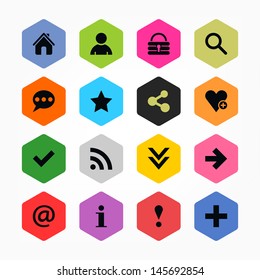 Basic sign icon set 05. Black on color. Simple rounded hexagon internet button. Solid plain color flat tile. New minimal contemporary mono metro style. Vector illustration web design elements 8 eps