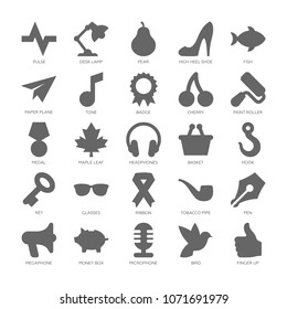 Basic simple design shapes collection with desk lamp, high heel shoe, paper plane, paint roller, maple leaf, tobacco pipe, money box and finger up.