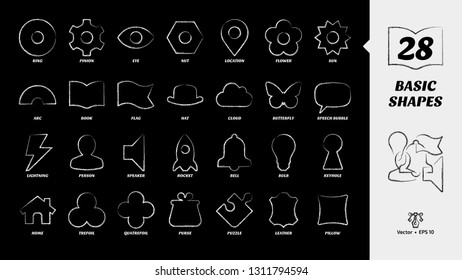 Basic simple shape chalk style icon set on a black board background with simple silhouette ring, pinion, eye, nut, location, flower, sun, arc, book, flag, hat, cloud and more line symbols.