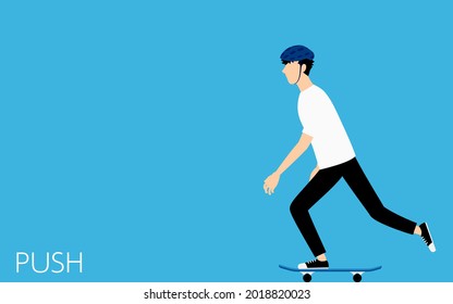 Basic skateboarding pose, a man pushing (kicking) forward