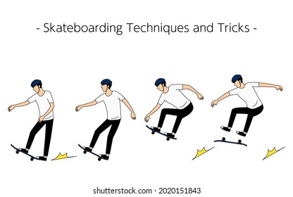 Basic skateboarding techniques and tricks Tail brake, manual, ollie, flip