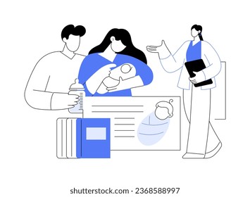 Basic skills for baby care abstract concept vector illustration. Future parents learning about baby care on pregnancy courses, newborn burping studying, first time mom and dad abstract metaphor.