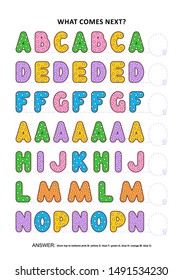 Basic skills practice logic game with alphabet letters. Training sequential pattern recognition skills: What comes next in the sequence? Answer included.