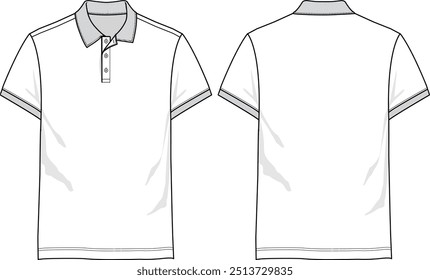 Basic slim fit polo shirt with collar, button placket, short sleeve and straight cut hem, front and back sketch