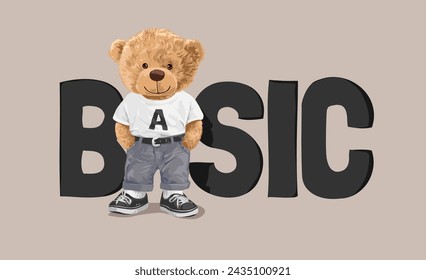 eslogan básico con muñeca de oso en camiseta blanca dibujado a mano ilustración vectorial