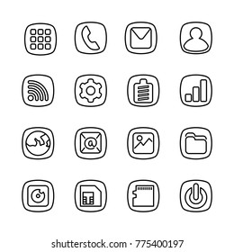 Basic smartphone icons line art style, square theme, editable stroke vector. Smartphone user interface theme