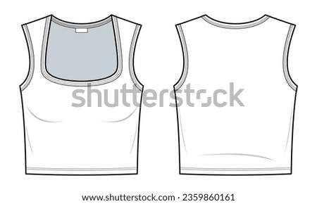 Basic Square Neck Cropped Tank Top technical fashion illustration.  Tank Top vector template illustration. front and back view. slim fit. ladies. white color. CAD mockup set.