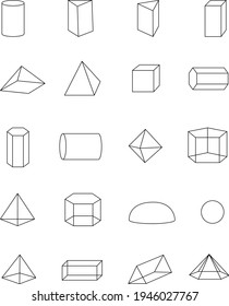 Basic stereometrics shapes line set of cuboid octahedron pyramid prism cube cone cylinder torus isolated vector illustration