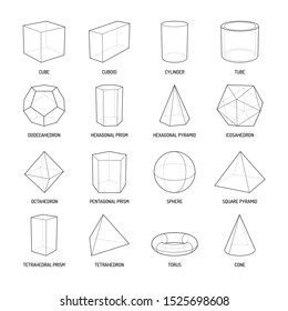 Basic Stereometry Shapes Line Set Of Cuboid Octahedron Pyramid Prism Cube Cone Cylinder Torus Isolated Vector Illustration