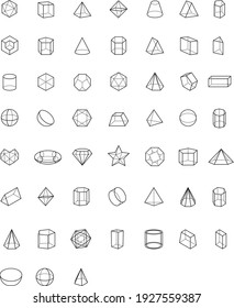 Basic stereometry shapes line set of cuboid octahedron pyramid prism cube cone cylinder torus isolated vector illustration