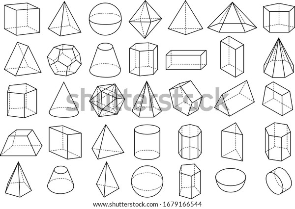 Basic\
stereometry shapes line set of cuboid octahedron pyramid prism cube\
cone cylinder torus isolated vector\
illustrationv