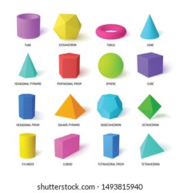 Basic stereometry shapes realistic colorful set of tetrahedral and hexagonal prism icosahedron dodecahedron square pyramid  isolated vector illustration