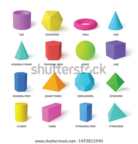 Basic stereometry shapes realistic colorful set of tetrahedral and hexagonal prism icosahedron dodecahedron square pyramid  isolated vector illustration