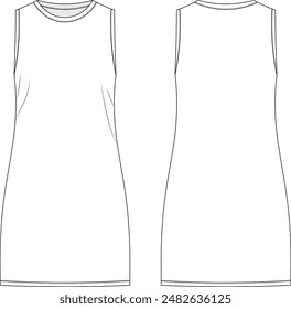 basic straight a line round neck crew neck sleeveless dress template technical drawing flat sketch cad mockup fashion woman
