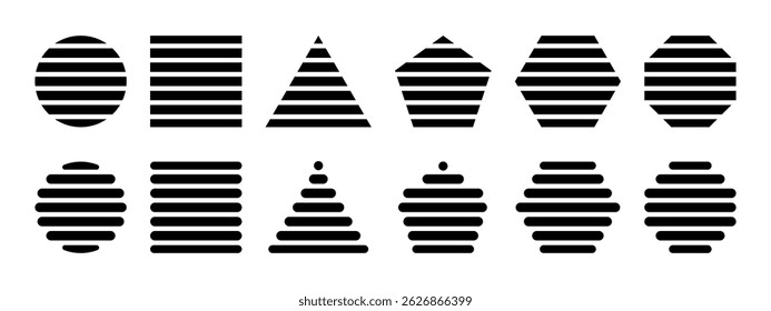 Basic striped geometric shapes isolated on white background. Streaked circle, square and triangle, pentagon, hexagon and octagon forms. Minimalistic design elements. Vector graphic illustration.