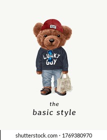 basic style slogan with bear toy in street fashion costume illustration