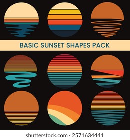 Basic Sunset Shapes Pack featuring a collection of minimalist sunset illustrations in vibrant warm tones. Perfect for modern graphic design, branding, social media templates, and creative projects.