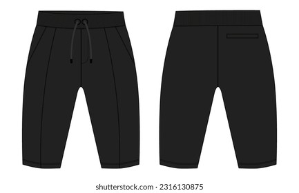Basic Sweat pant technical fashion flat sketch template front and back views. Apparel Fleece Cotton jogger pants vector illustration Black Color mock up for kids and boys. Fashion design drawing CAD.

