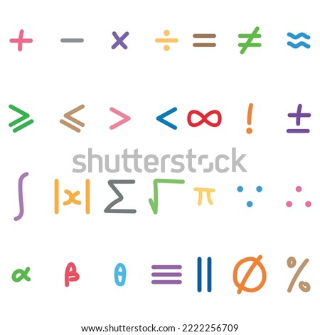 Basic symbols in mathematics. math symbol handwriting. Plus, minus, times, divide,equality, inequality, approximately equal, infinity, factorial,integral, absolute value of x, sum, square root.