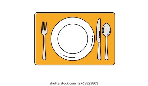 Basic table place setting with a white plate, fork, knife, and spoon arranged on a yellow placemat, clean line art illustration.