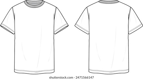 BASIC TEE DESIGNED FOR MEN AND TEEN BOYS. T-shirt Technical Sketch Fashion Illustration Flat Template Front And Back With Round neckline.