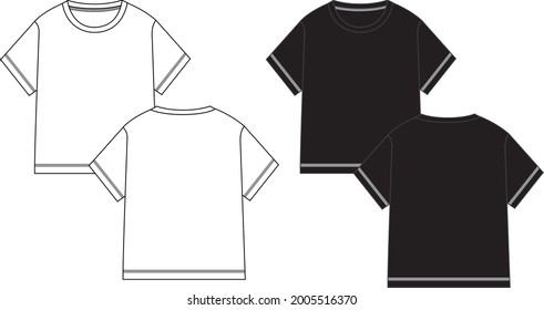 Basic Tee shirt  overall  technical fashion flat drawing template. Blank flat Short sleeve t-Shirt design for kids White and black vector illustration Front and Back View.