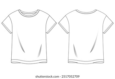 Basic T-Shirt allgemeine technische Mode flache Zeichnung Vorlage. Leere flache Kurzarm T-Shirt Design für Kinder. Vektorgrafik-Illustration Vorder- und Rückseite
