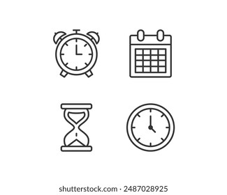 Basic time line icons - clock, alarm clock, hourglass and calendar, editable stroke, based on 64px grid, vector eps10 illustration