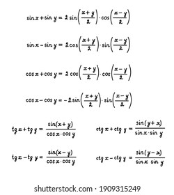 Basic trigonometric identities.Formulas for calculating sums and differences of angles.Education, getting classes, school program Higher mathematics.Handwritten math text.Isolated.Vector illustration