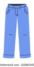 Hosengrundbekleidung für Männer und Frauen. Jeans mit gerader Passform, Taschen und Gummi-Taille. Bekleidung und Bekleidung zur Verwendung. Kollektion von Kleidung, Mode und Design. Vektorgrafik im Flachstil