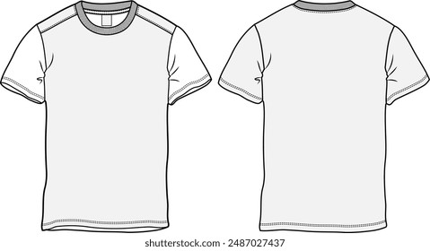 Basic T-Shirt CAD Vector Illustration Mock Up Front and Back View Blank Crew Neck Short Sleeve T Shirt