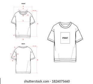 Basic t-shirt with chest print box and hi-low hem, front and back views, with measurement guide