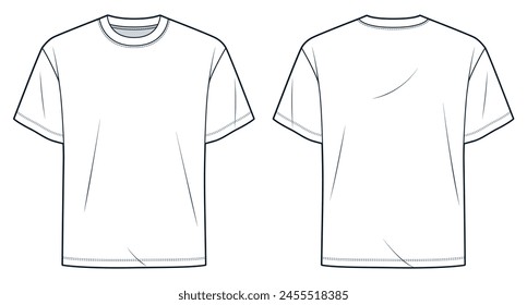 Basic T-Shirt fashion flat tehnical drawing template. Unisex T-Shirt technical fashion illustration, relaxed fit, front and back view, white, women, men, unisex CAD mockup set.
