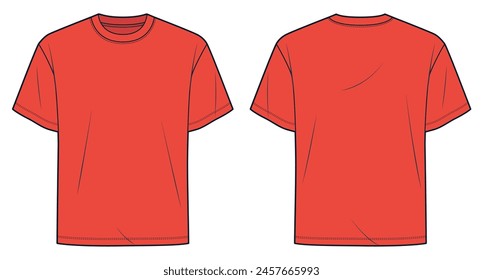 Basic T-Shirt fashion flat tehnical drawing template. Unisex T-Shirt technical fashion illustration, relaxed fit, front and back view, red, women, men, unisex CAD mockup set.