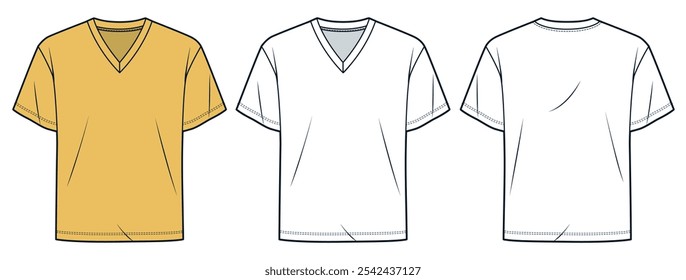 Basic T-Shirt fashion flat tehnical drawing template. V-Neck T-Shirt technical fashion illustration, relaxed fit, front and back view, white, yellow, women, men, unisex CAD mockup set.