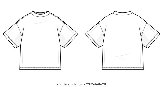 Ilustración de moda técnica plana para camisetas básicas. Ilustración de la plantilla vectorial de camiseta. vista frontal y posterior. ajuste regular. soltar el hombro. unisex. color blanco. Burla de CAD.