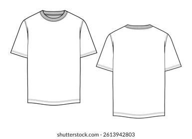 Basic t-shirt front and back view flat sketch vector mockup template technical illustration.