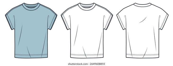 Basic T-shirt with Grown-on Sleeve Technical Fashion Illustration. Tee Shirt fashion flat technical drawing template, front and back view, white, blue, crew neck, women, men, unisex Top CAD mockup.