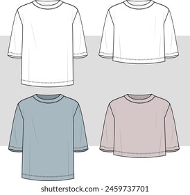 Basic T-shirt set drawing. technical Sketch fashion Flat Template With Round neckline, elbow sleeves, oversized, cropped. woman and man set tee shirt. Unisex T-Shirt fashion CAD