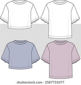 Basic T-shirt set drawing. technical Sketch fashion Flat Template With Round neckline, elbow sleeves, oversized, cropped. woman and man set tee shirt. Unisex T-Shirt fashion CAD