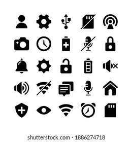 Basic UI Glyph Icons Including User, Gear, Port, Memory Card, Wifi, Camera, Clock, Battery, Microphone, Padlock, Bell, Sun, Padlock, Battery, Speaker, Speaker, Wifi, Chat, Microphone, Home, Shield, Ey