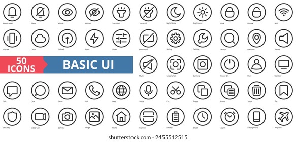 Conjunto de colecciones de iconos de IU Básicos. Contiene silencioso, visible, oculto, encendido, apagado, modo de noche, icono de brillo. Vector de línea simple.