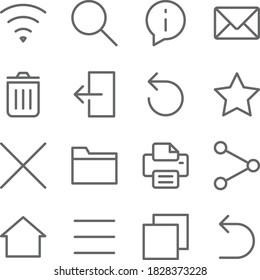 Basic UI icon illustration vector set. Contains such icon as Mail, Star, Bin, Log out, Printer, Undo, and more. Expanded Stroke