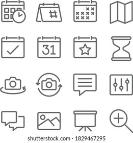 Basic UI icon illustration vector set. Contains such icon as Calendar, Hourglass, Message, Map, Image, Camera, and more. Expanded Stroke