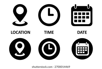 Conjunto Básico de Ícones da Interface do Usuário - Calendário, Pin de Local e Símbolos de Relógio