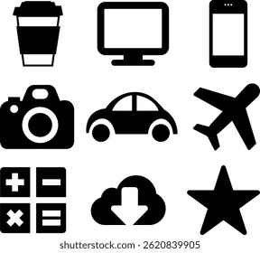 Basic ui Icon Set, ícones de silhueta de avião, câmera, carro, móvel, estrela, monitor, matemática, download, lixeira em fundo branco.