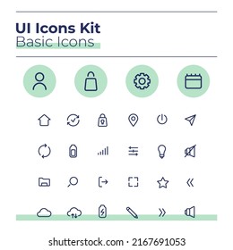 Basic UI icons kit. Settings thin line vector symbols set. Upload file to cloud with wi fi. Option mobile app buttons in green circles pack. Web design elements collection