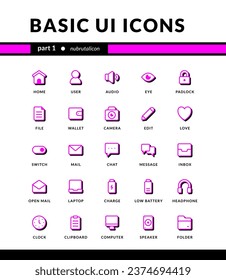 basic ui icons neubrutalism style for ui mobile interface essential collection set icons with shadow