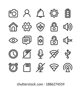 Basic UI Line Icons Including Camera, User, Bell, Sun, Battery, Home, Gear, Shield, Padlock, Speaker, Eye, Chat, Battery, Padlock, Speaker, Clock, Memory Card, Microphone, Wifi, Port, Clock, Memory Ca